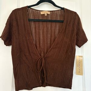 NEW Notations Women PM  Brown Open-Knit Tie Front Cardigan Sweater Short Sleeve